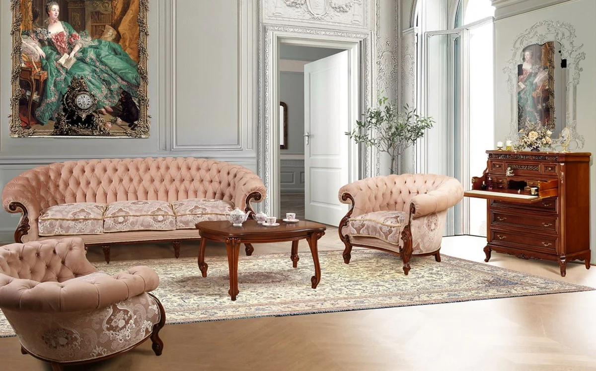 Luxus Barock Wohnzimmer Sofa Rosa / Weiß / Dunkelbraun - Handgefertigtes Barockstil Sofa - Prunkvolle Luxus Wohnzimmer Möbel im Barockstil - Barock Möbel