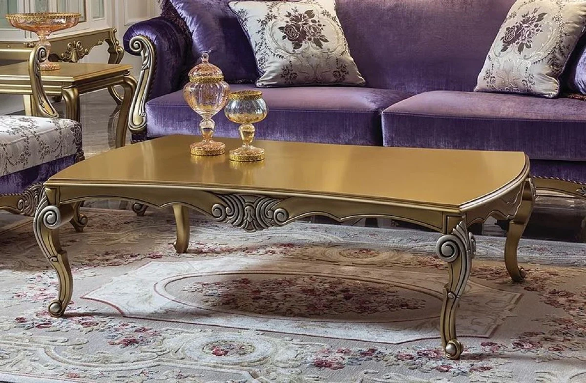 Luxus Barock Wohnzimmer Set Lila / Gold / Silber - 2 Barock Sofas & 2 Barock Sessel & 1 Barock Couchtisch - Wohnzimmer Möbel im Barockstil - Barock Möbel - Barock Einrichtung
