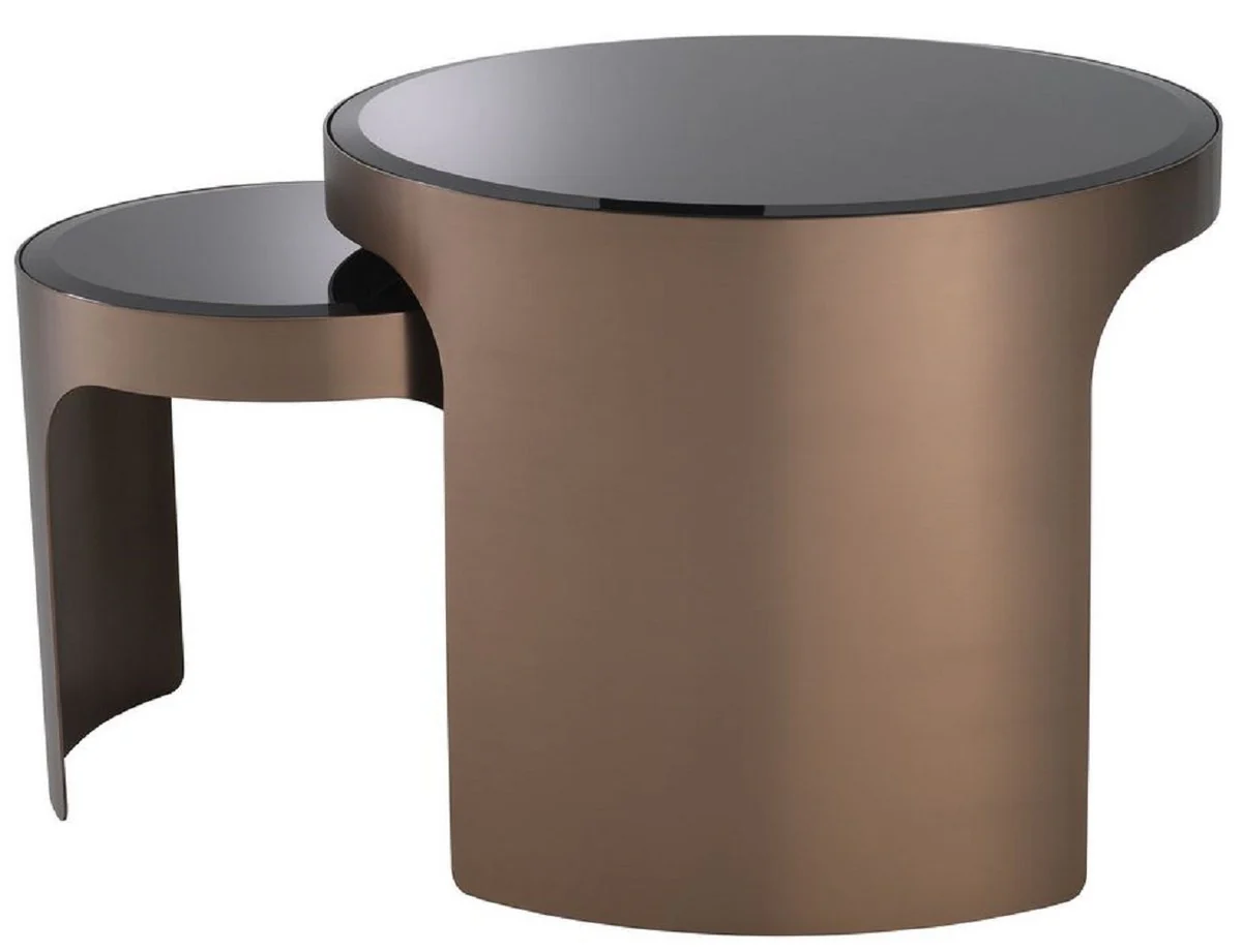 Luxus Beistelltisch Set Kupferfarben / Schwarz - 2 runde Edelstahl Tische mit abgeschrägten Glasplatten - Luxus Wohnzimmer Möbel