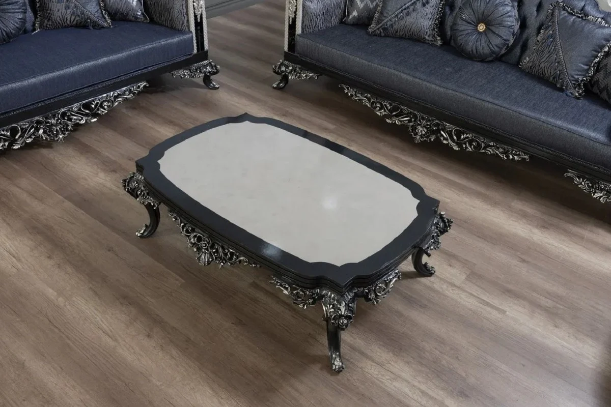 Luxus Barock Couchtisch Grau / Schwarz / Silber - Handgefertigter Massivholz Wohnzimmertisch - Prunkvolle Massivholz Wohnzimmer Möbel im Barockstil