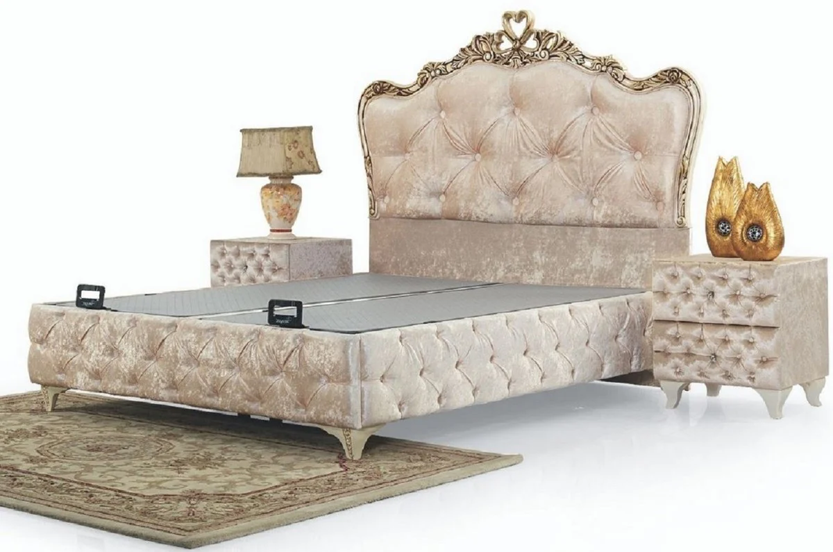 Luxus Barock Schlafzimmer Möbel Set Beige / Cremefarben / Braun - Verschiedene Größen - 1 Barock Doppelbett & 2 Barock Nachtkommoden - Barock Schlafzimmer & Hotel Möbel