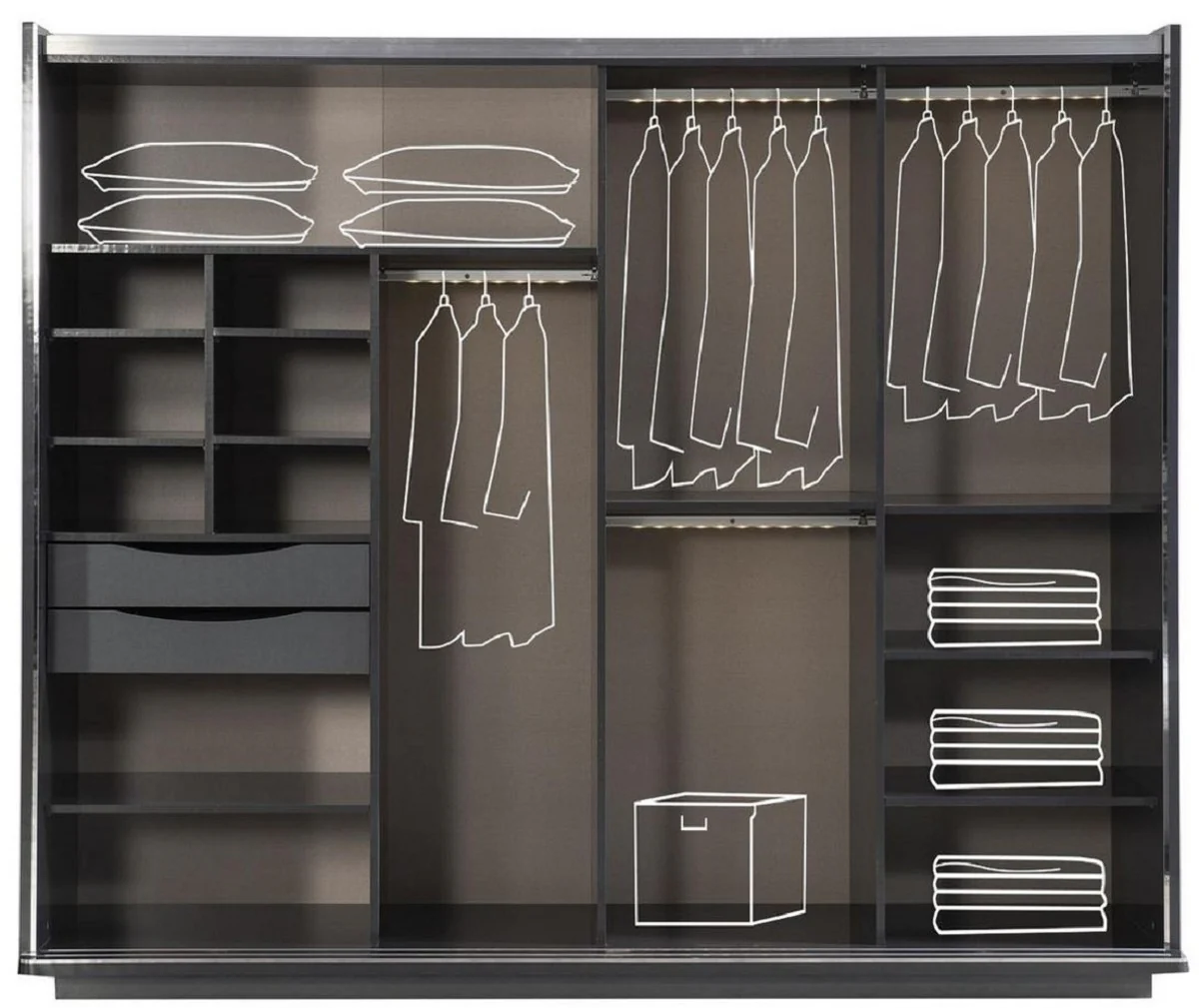 Luxus Schlafzimmerschrank Grau / Schwarz / Silber 260 x 72 x H. 218 cm - Edler Massivholz Kleiderschrank mit 2 Schiebetüren - Luxus Schlafzimmer Möbel