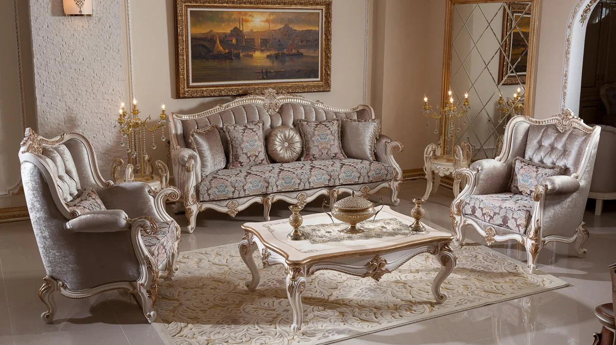 Luxus Barock Sofa Braun / Weiß / Gold 245 cm