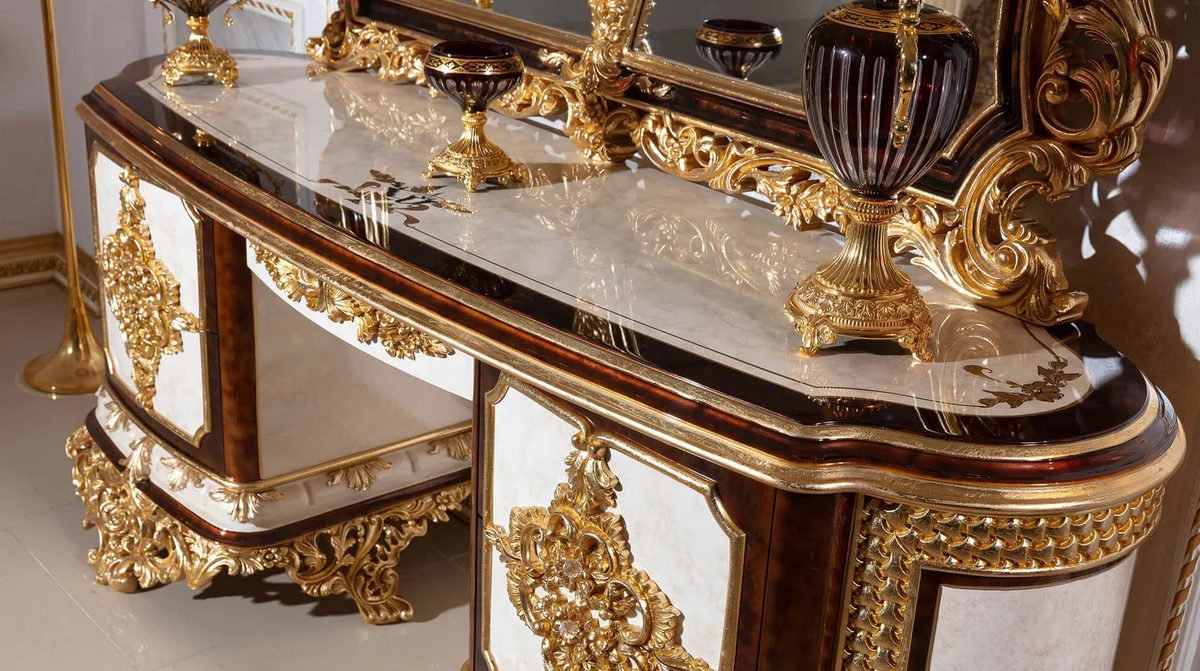 Luxus Barock Schlafzimmer Set Weiß / Braun / Gold - 1 Barock Schminkkommode mit 5 Schubladen & 1 Barock Spiegel & 1 Barock Hocker - Barock Schlafzimmer Möbel - Edel & Prunkvoll