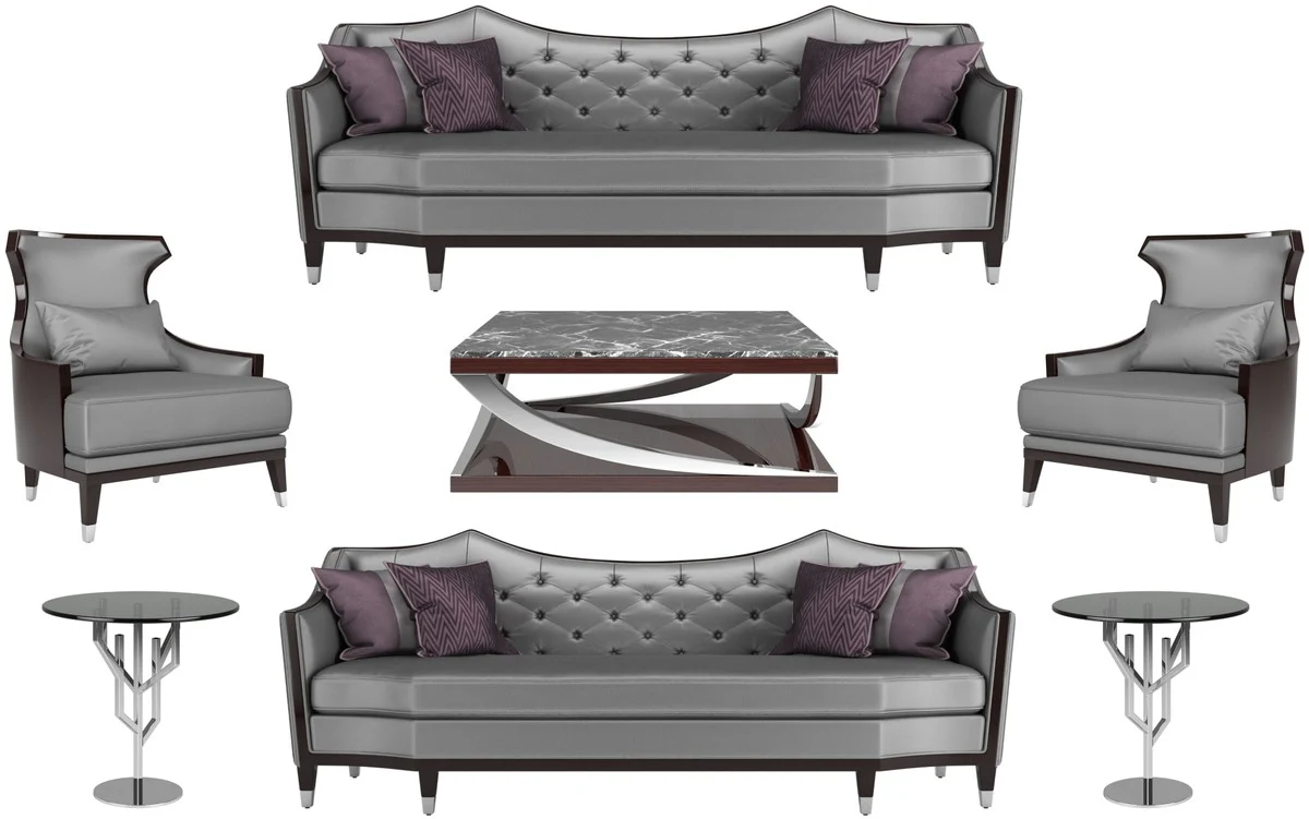 Luxus Wohnzimmer Set Silber / Schwarz / Dunkelbraun - 2 Sofas & 2 Sessel & 1 Couchtisch & 2 Beistelltische - Luxus Wohnzimmer Möbel