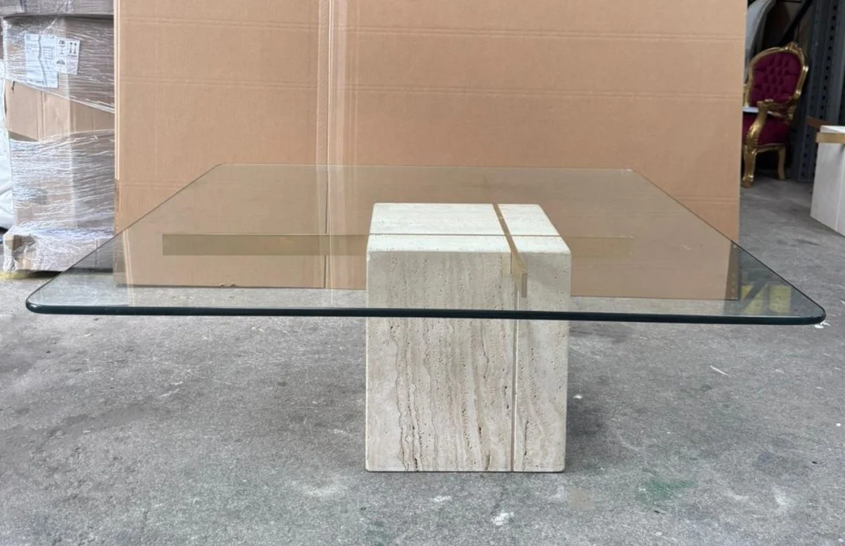 Luxus Travertin Couchtisch mit Glasplatte Beige 110 cm - Luxus Möbel