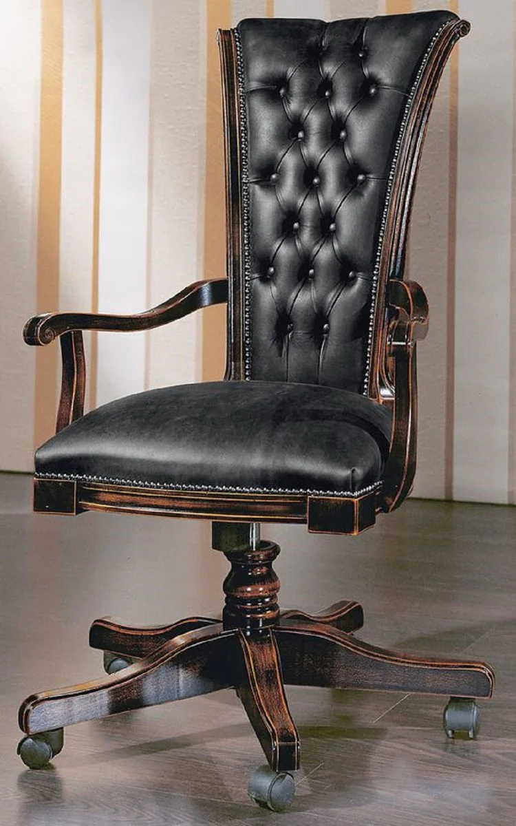 Luxus Chesterfield Bürostuhl Vintage Schwarz / Dunkelbraun 64 x 49 x H. 107-117 cm - Höhenverstellbarer Schreibtischstuhl mit Echtleder - Büromöbel - Chesterfield Möbel - Echtleder Möbel