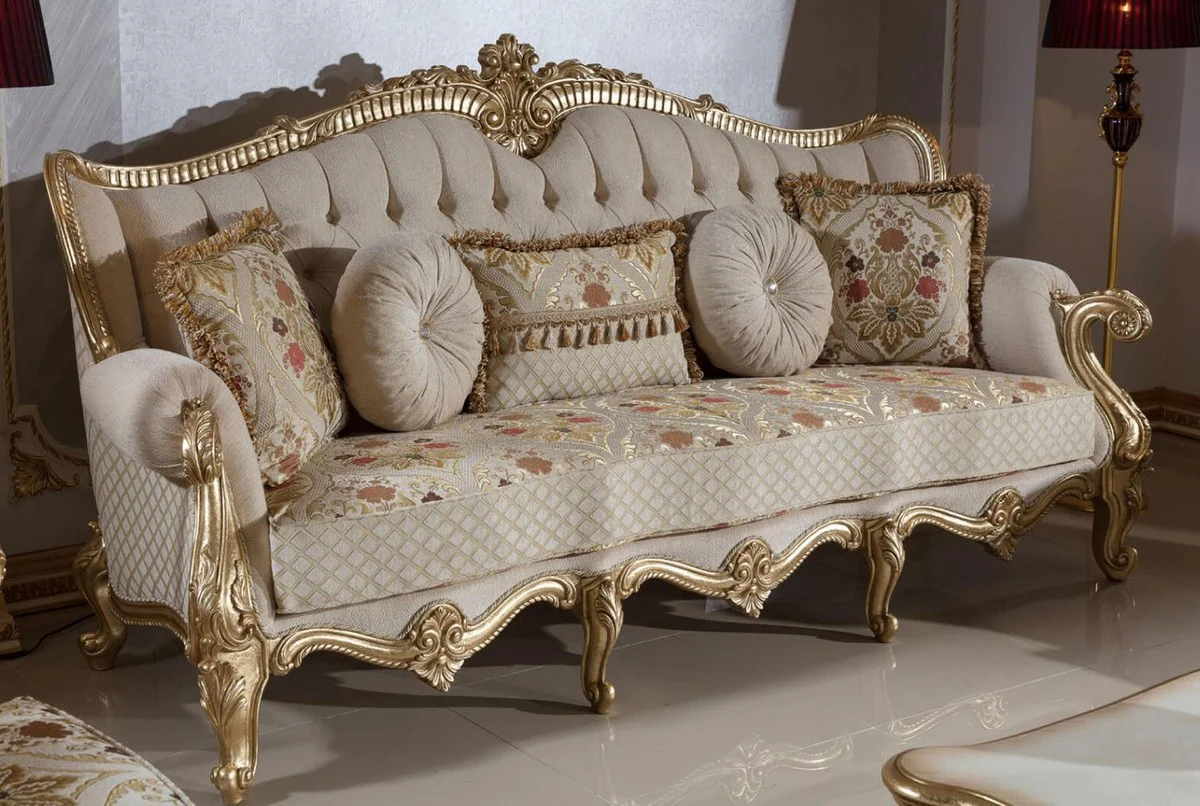 Luxus Barock Sofa Grau / Mehrfarbig / Gold 245 cm