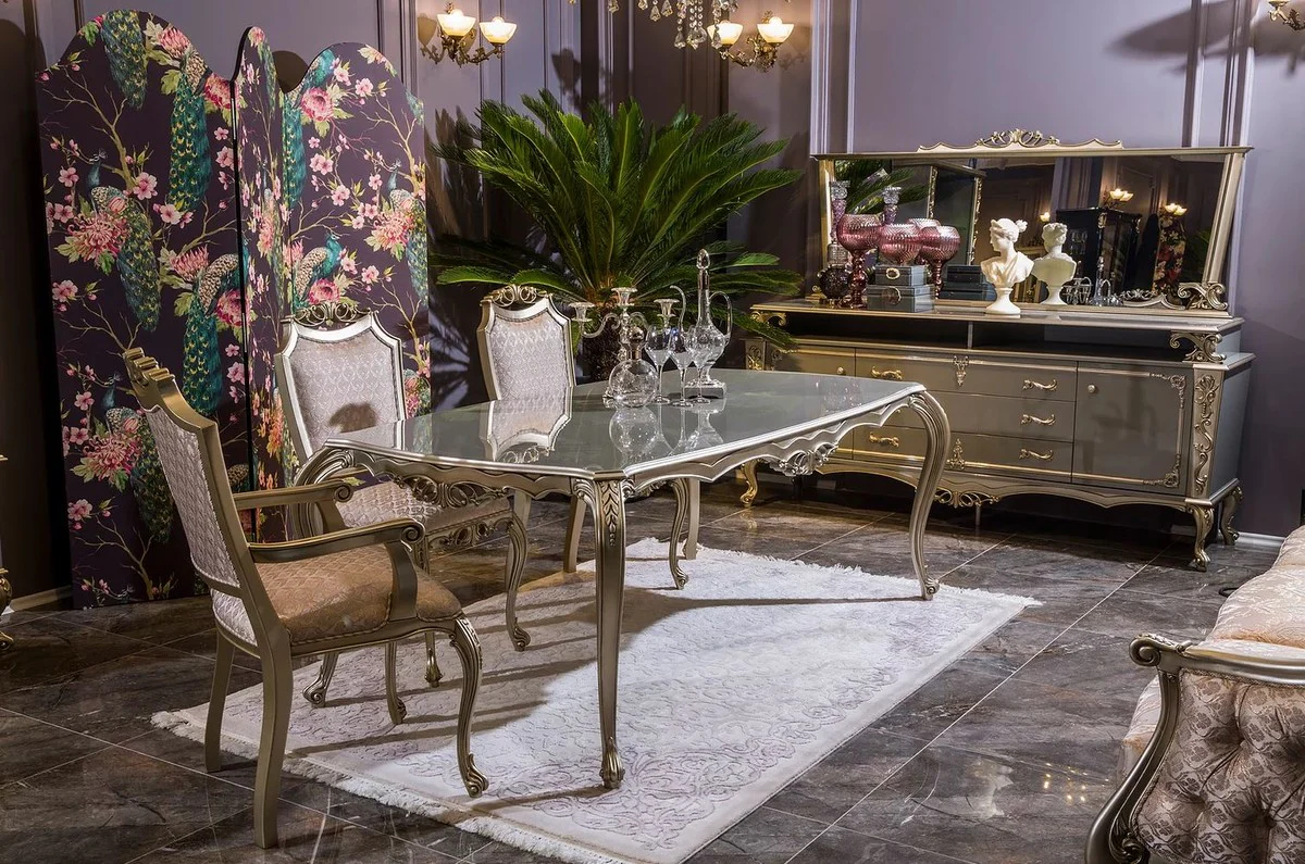 Luxus Barock Esstisch Silber - Prunkvoller Massivholz Esszimmertisch - Barock Esszimmer Möbel - Edel & Prunkvoll