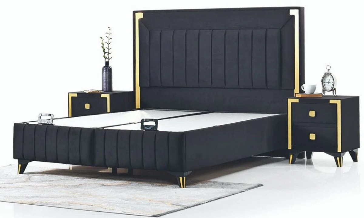 Luxus Doppelbett Schwarz / Gelbgold - Modernes Massivholz Bett - Moderne Schlafzimmer & Hotel Möbel - Luxus Kollektion