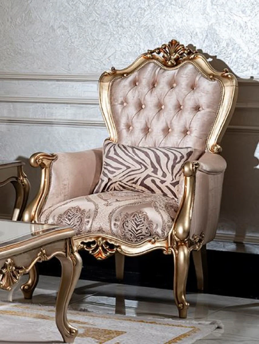 Luxus Barock Wohnzimmer Set Rosa / Gold - 2 Sofas & 2 Sessel & 1 Couchtisch - Handgefertigte Wohnzimmer Möbel im Barockstil - Edel & Prunkvoll