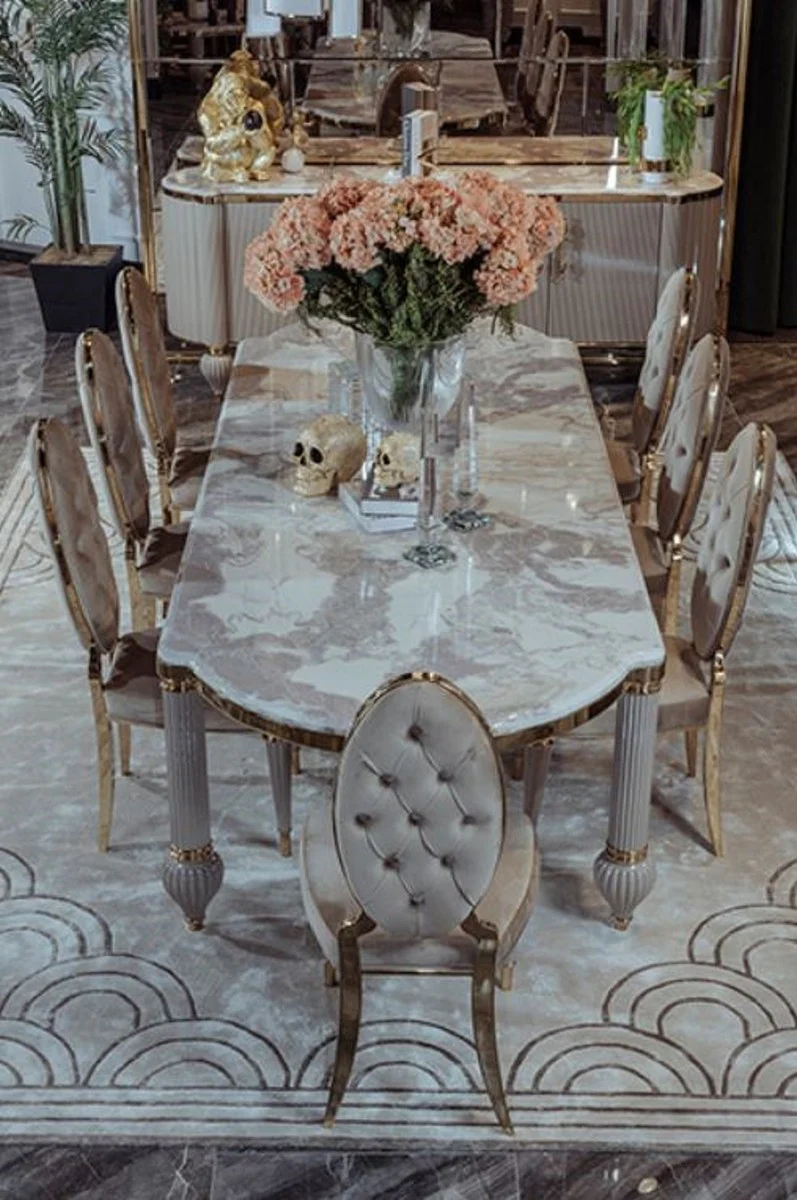 Luxus Art Deco Esszimmer Set Grau / Weiß / Gold - 1 Art Deco Esstisch mit Kunstmarmor Tischplatte & 8 Art Deco Esszimmerstühle - Prunkvolle Art Deco Esszimmer Möbel - Luxus Qualität