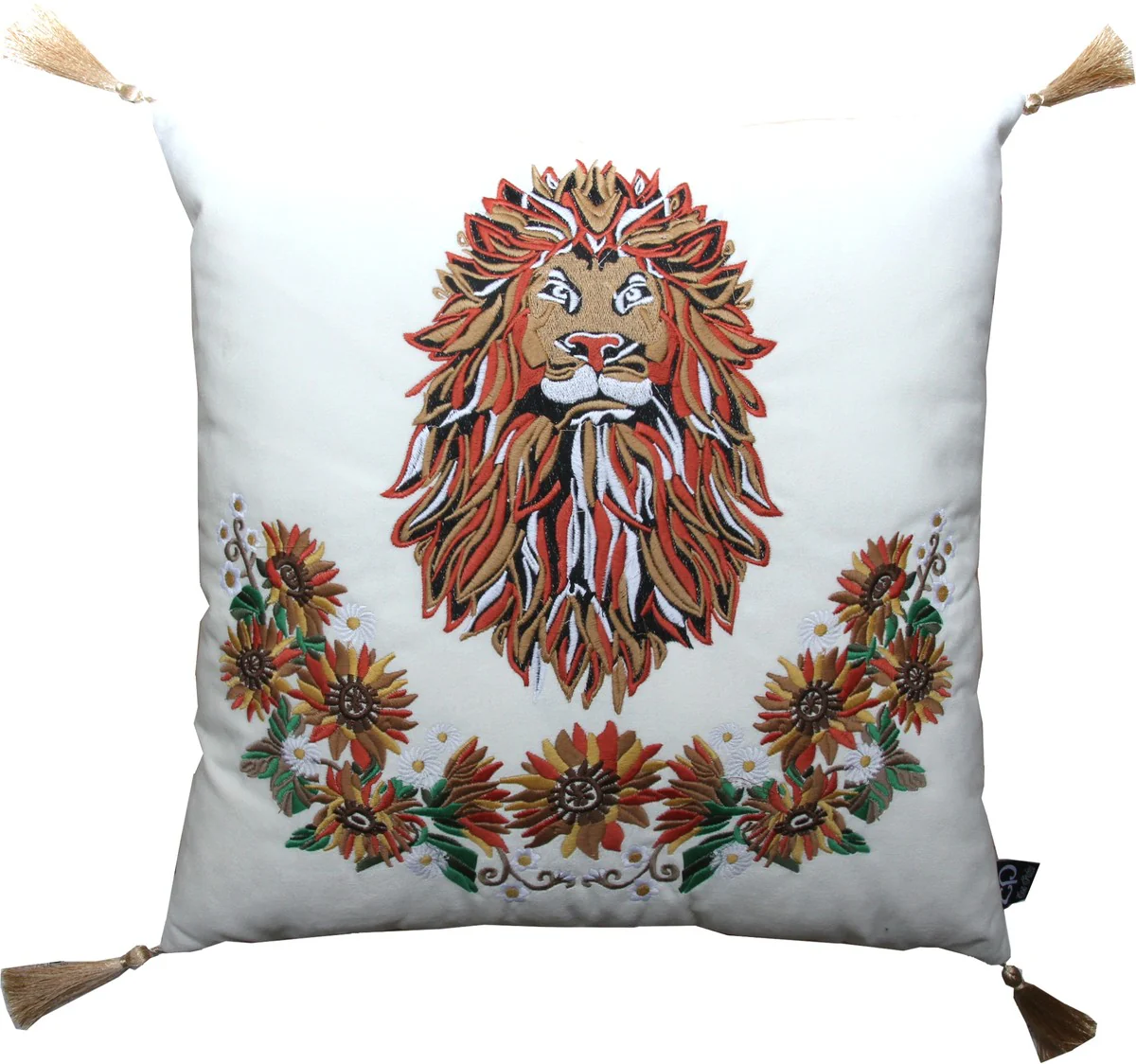 Luxus Deko Kissen mit Troddeln Löwe Weiß-Creme / Gold 45 x 45 cm - Feinster Samtstoff - Luxus Qualität