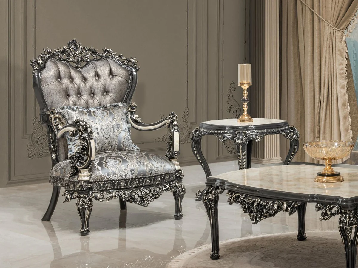 Luxus Barock Beistelltisch Weiß / Beige / Schwarz / Gold - Handgefertigter Massivholz Tisch im Barockstil - Luxus Wohnzimmer Möbel im Barockstil - Barock Möbel - Edel & Prunkvoll