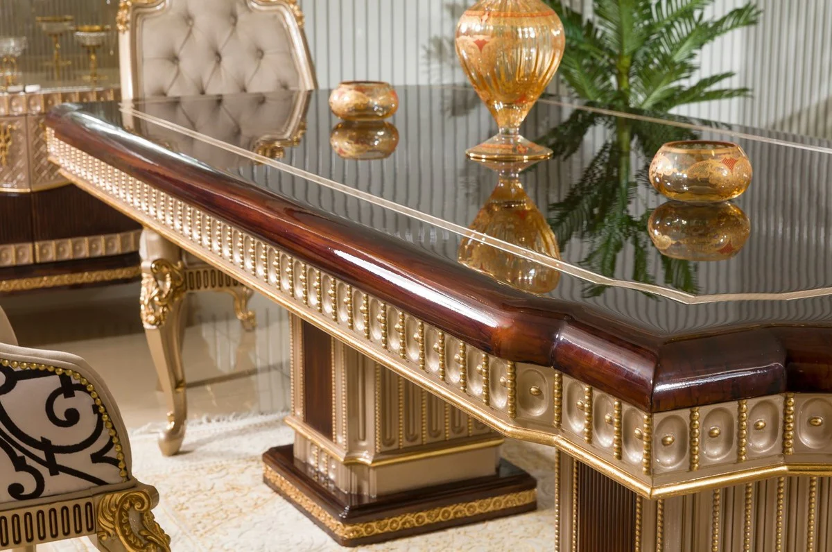 Luxus Barock Esstisch Dunkelbraun / Grau / Gold 250 cm