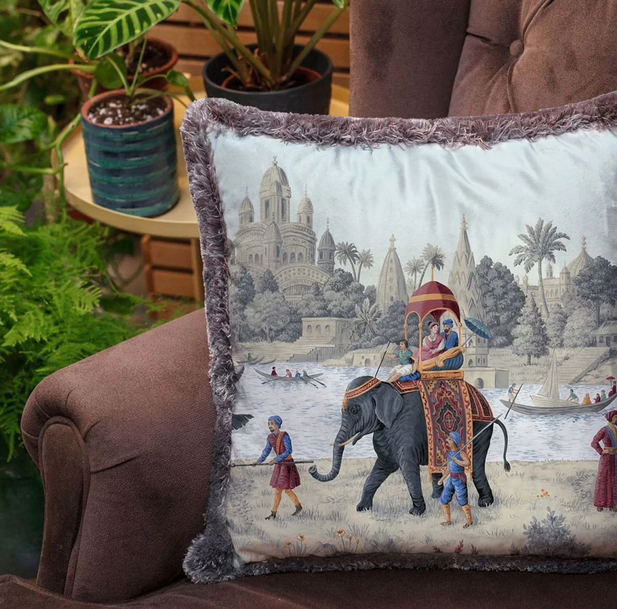 Luxus Deko Kissen Palast Mehrfarbig / Grau 45 x 45 cm - Bedrucktes Samt Kissen mit Fransen - Luxus Deko Accessoires