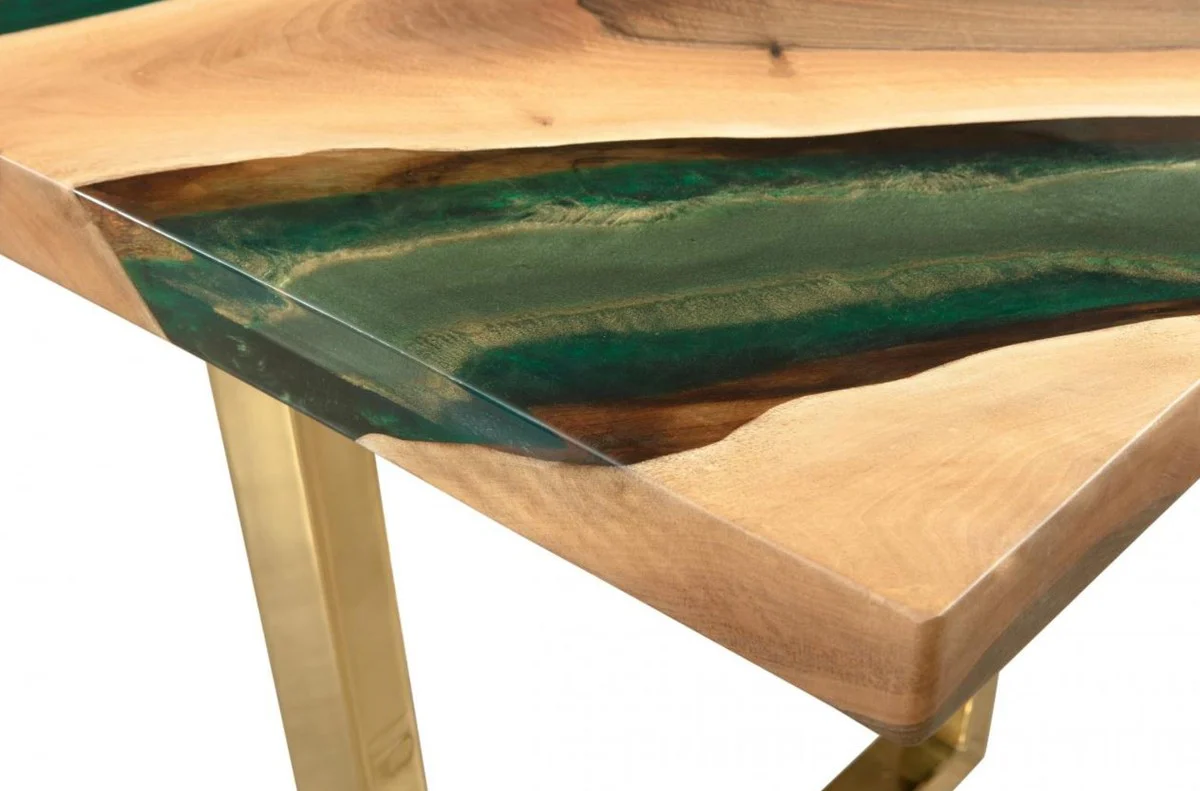 Luxus Esstisch Naturfarben / Braun / Grün / Gold 160 x 80 x H. 76 cm - Rechteckiger Küchentisch mit Epoxiharz - Esszimmer Möbel - Epoxiharz Möbel - Luxus Möbel
