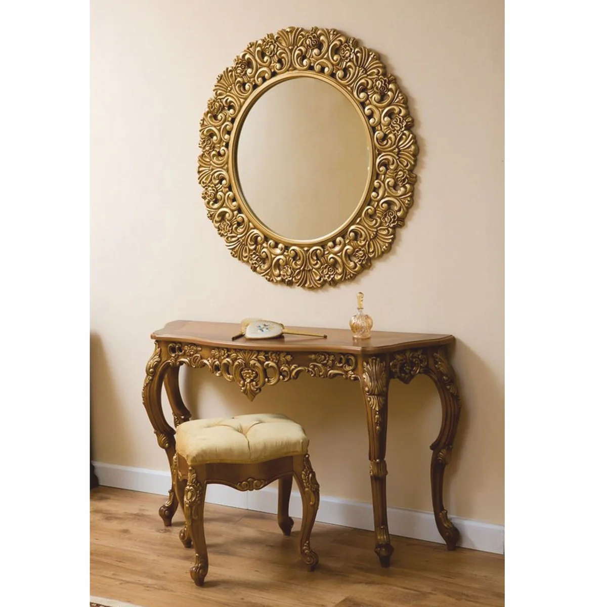 Luxus Barock Konsole mit Wandspiegel und Hocker Braun / Gold - Barock Möbel