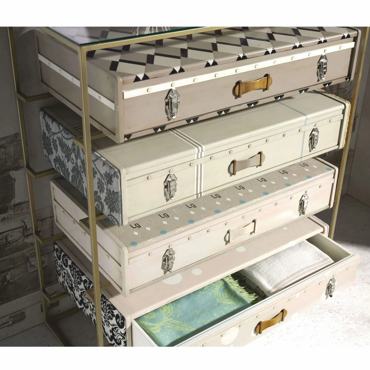 Luxus Designer Koffer Kommode mit 4 Schubladen Bunt - Luxus Möbel