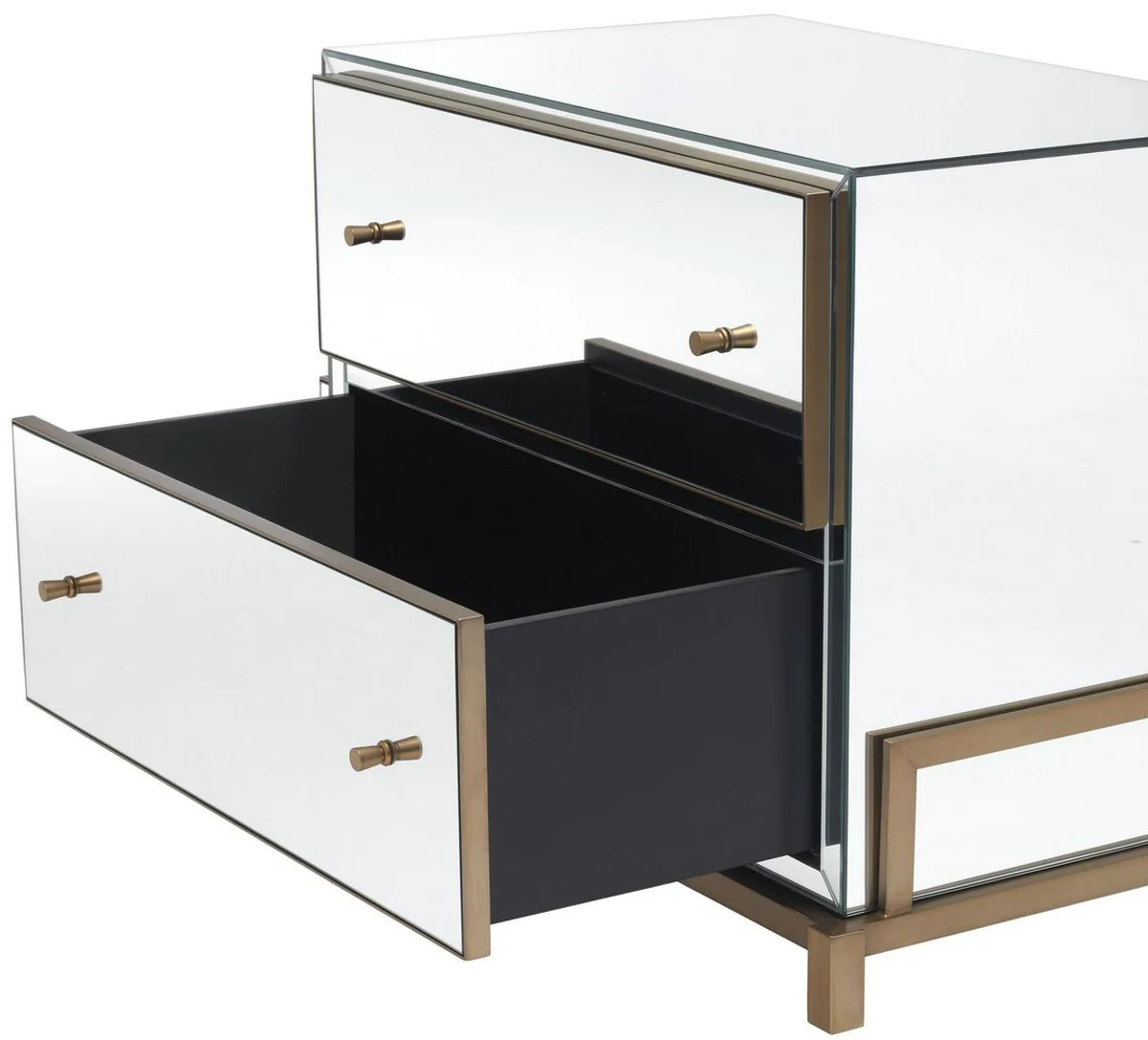 Luxus Spiegelglas Nachttisch Messingfarben 81,5 x 52 x H. 62 cm - Verspiegelte Nachtkommode mit 2 Schubladen - Schlafzimmer Möbel