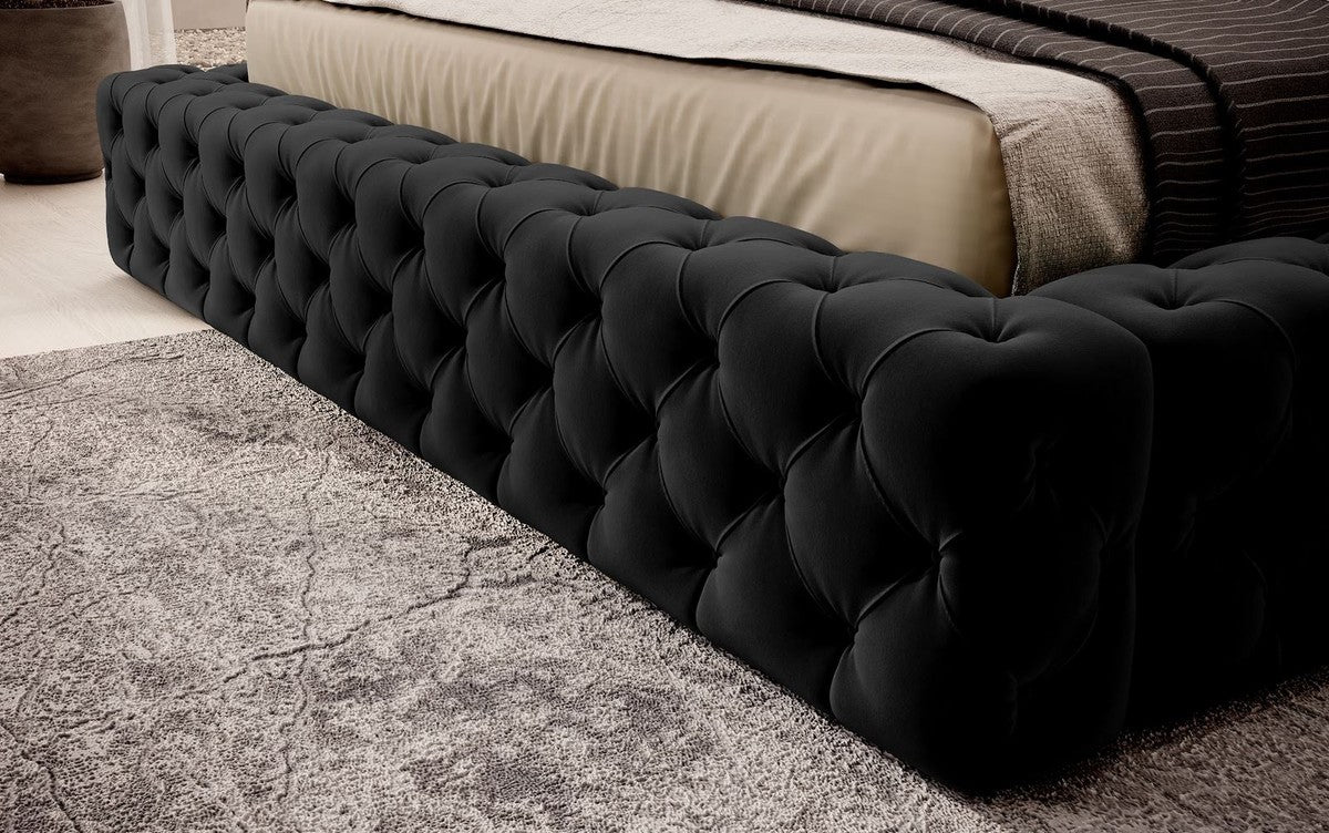 Luxus Chesterfield Samt Doppelbett mit Matratze Schwarz - Verschiedene Größen