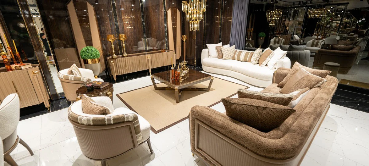 Luxus Couchtisch Braun / Gold - Quadratischer Massivholz Wohnzimmertisch - Wohnzimmer Möbel - Luxus Möbel - Luxus Kollektion