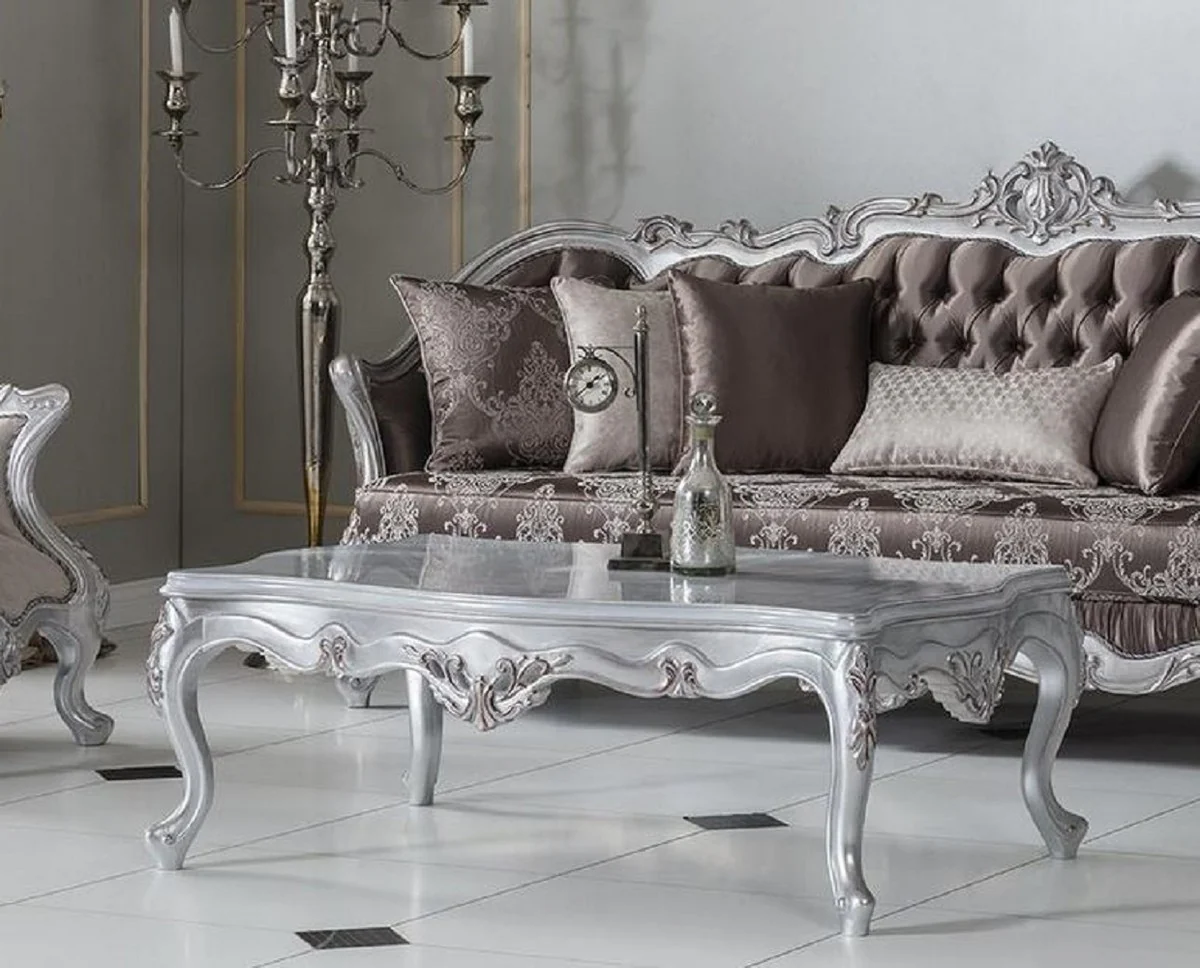 Luxus Barock Couchtisch Silber 130 x 85 x H. 47 cm - Rechteckiger Massivholz Wohnzimmertisch - Barock Möbel - Edel & Prunkvoll