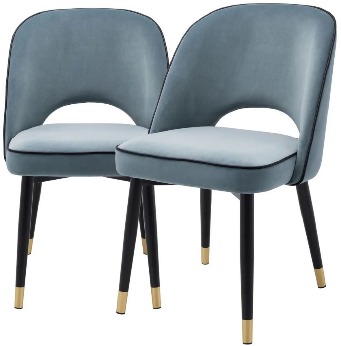 Luxus Esszimmerstuhl Set Blau / Schwarz / Messing 53 x 56 x H. 84 cm - Esszimmerstühle mit edlem Samtstoff - Esszimmer Möbel