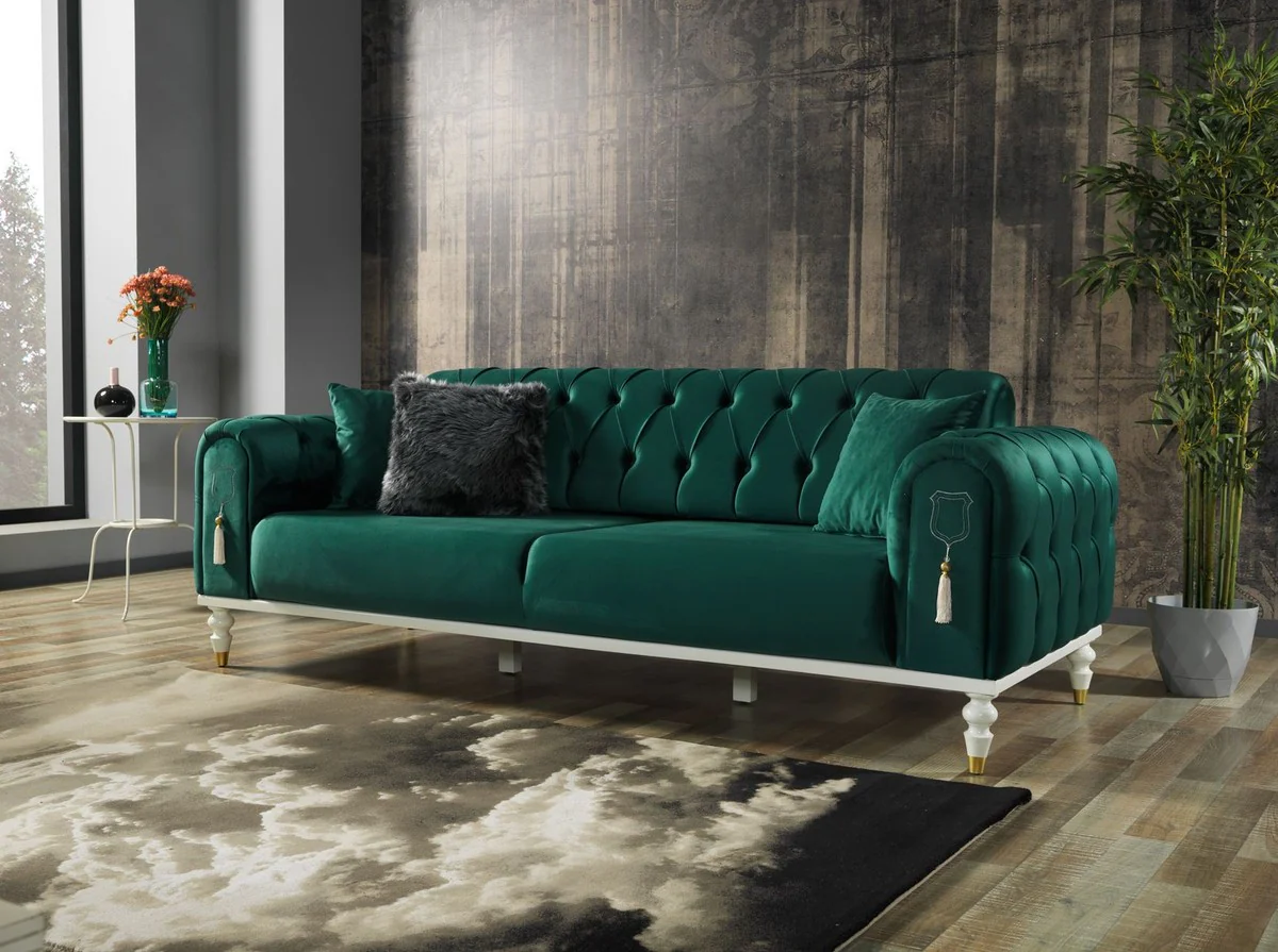 Luxus Chesterfield Schlafsofa Grün / Weiß / Gold 230 x 95 x H. 83 cm - Wohnzimmer Sofa mit 3 Kissen - Luxus Wohnzimmer Möbel