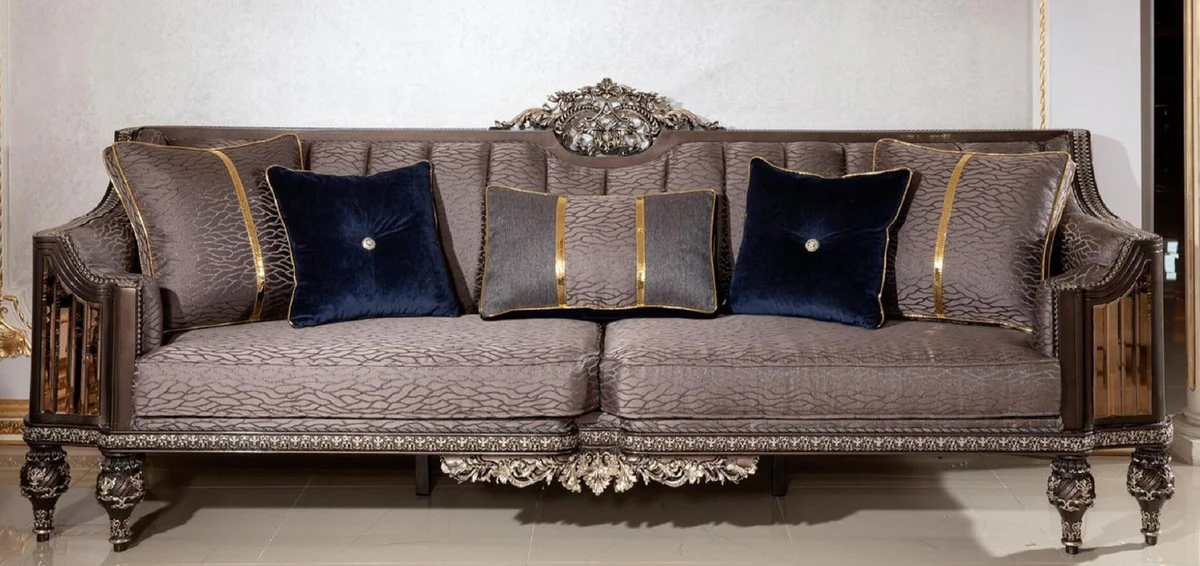 Luxus Barock Sofa Grau / Dunkelbraun / Gold - Prunkvolles Wohnzimmer Sofa mit elegantem Muster - Barock Wohnzimmer & Hotel Möbel - Edel & Prunkvoll