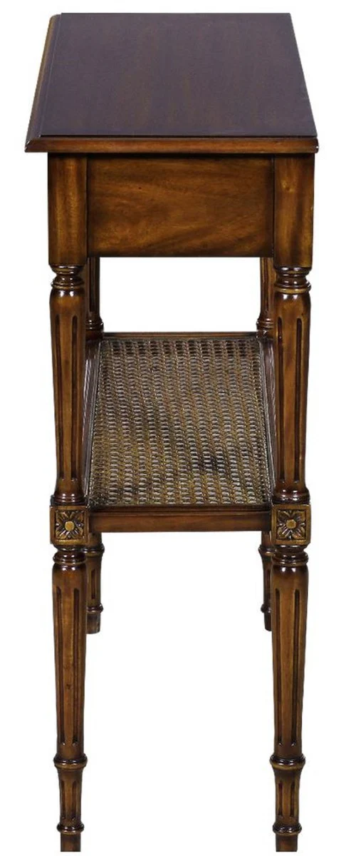 Luxus Jugendstil Nachtkommode Braun 71 x 28 x H. 76 cm - Eleganter Massivholz Nachttisch - Beistelltisch mit Schublade und Rattan Regal - Schlafzimmer Möbel