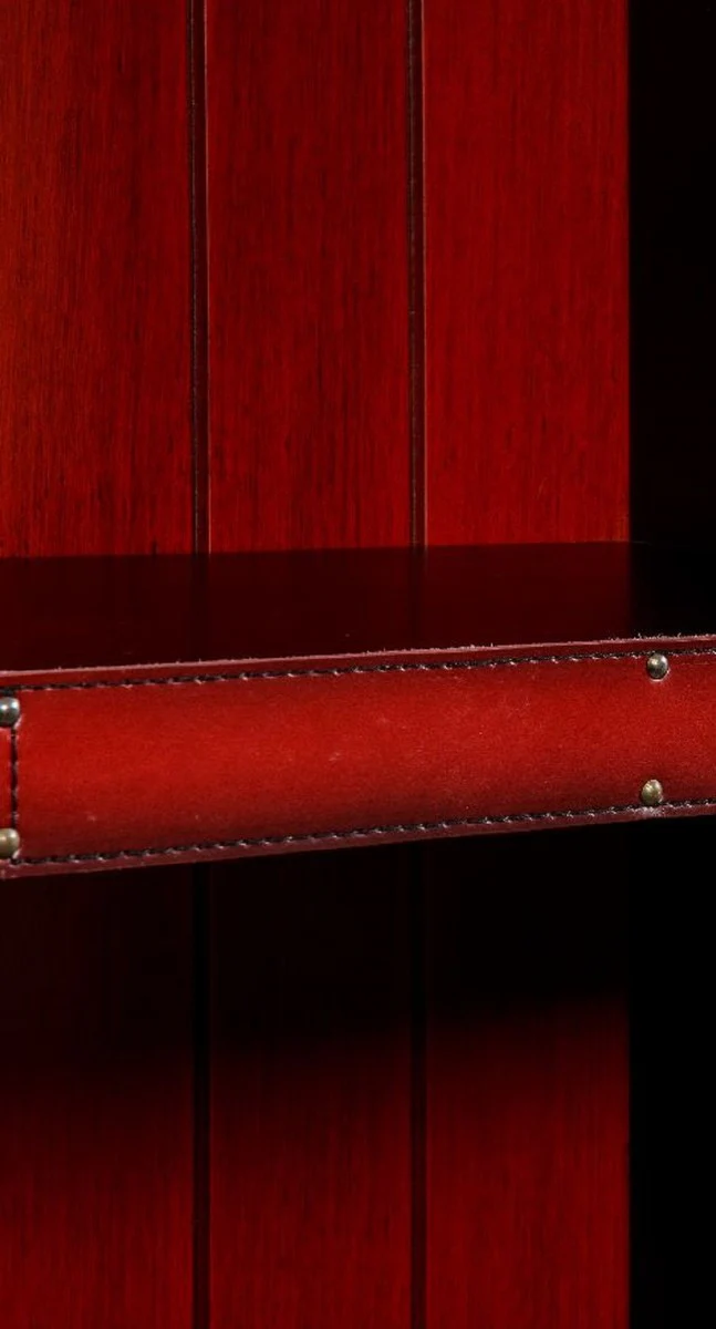 Luxus Regalschrank in Koffer Optik Rot / Schwarz / Braun / Messing 84 x 35 x H. 187,5 cm - Massivholz Schrank mit Echtleder - Büro Schrank - Büro Möbel - Luxus Möbel in Koffer Optik
