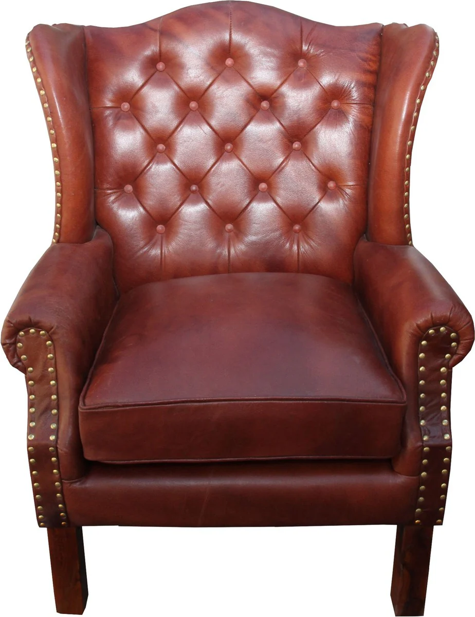 Luxus Echtleder Chesterfield Ohrensessel Braun 72 x 65 x H. 103 cm - Hotel Möbel Ohren Sessel Leder