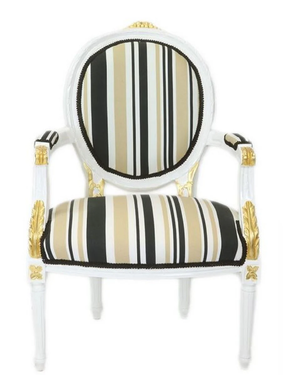 Barock Salon Stuhl Weiß / Gold / Mehrfarbig 50 x 50 x H. 105 cm - Gestreifter Barock Stuhl mit Armlehnen - Barock Möbel