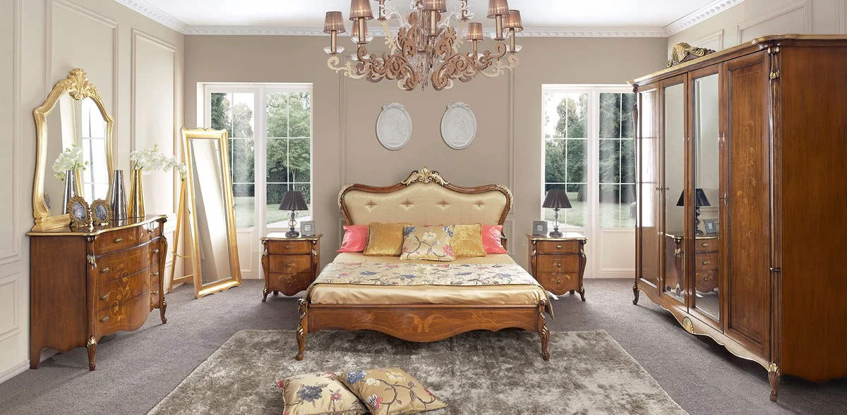 Luxus Barock Doppelbett Gold / Braun / Gold - Prunkvolles Massivholz Bett im Barockstil - Barock Schlafzimmer & Hotel Möbel - Luxus Qualität - Made in Italy