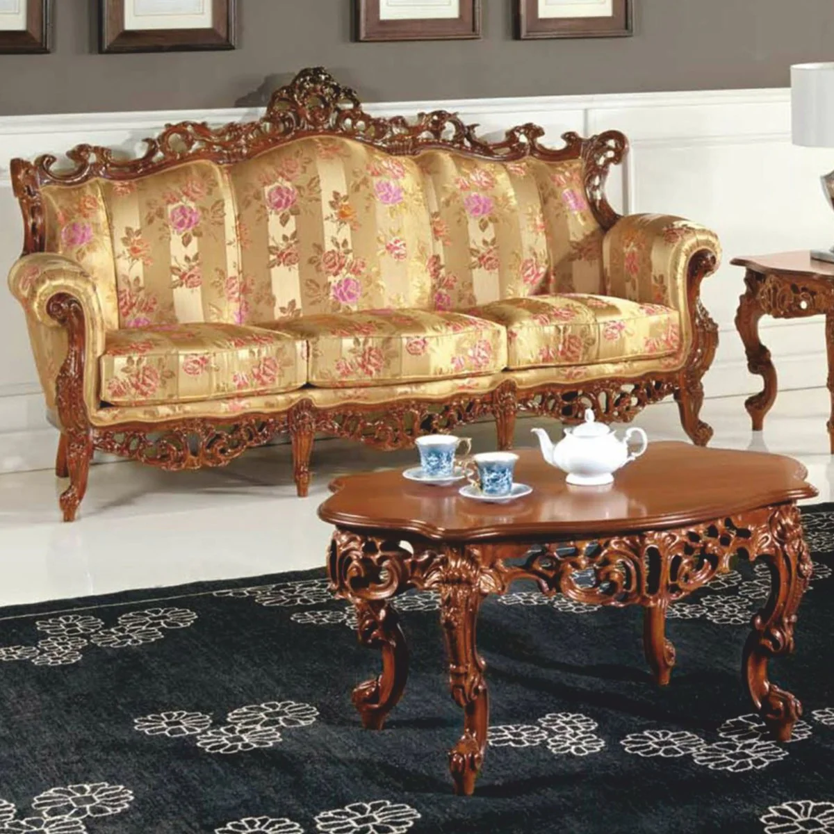 Luxus Barock Wohnzimmer Sofa Gold / Braun 215 cm - Made in Italy