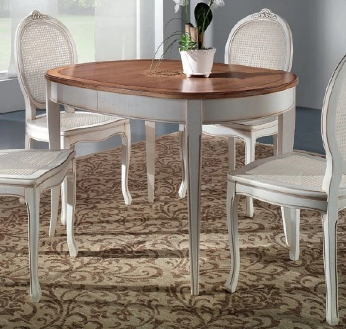 Luxus Barock Esstisch Braun Intarsien / Antik Weiß - Ovaler ausziehbarer Massivholz Esszimmertisch im Barockstil - Barock Esszimmer Möbel - Luxus Qualität - Made in Italy