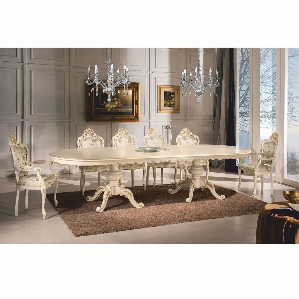 Luxus Barock Esszimmer Stuhl mit Armlehnen Bunt / Elfenbein / Gold - Made in Italy