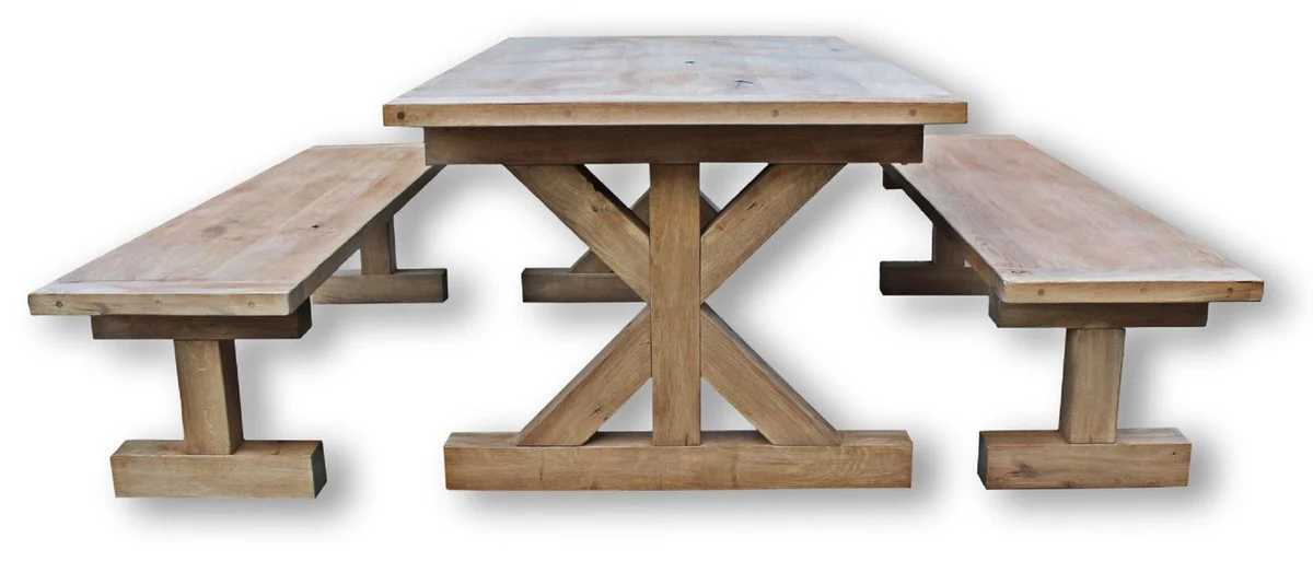 Massivholz Esszimmer Set Naturfarben - Eichenholz Esstisch mit 2 Sitzbänken - Esszimmmer Möbel - Restaurant Möbel - Rustikale Eichenholz Möbel