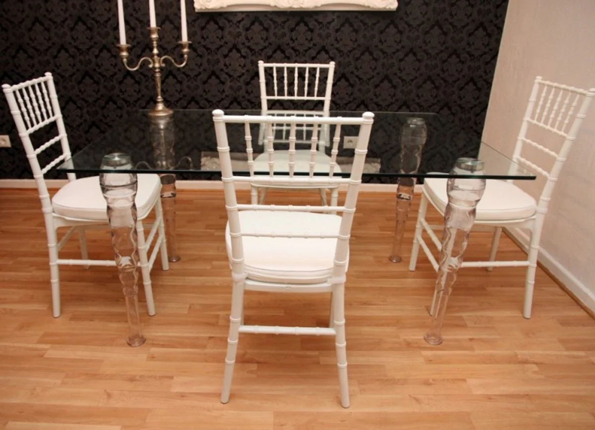 Designer Acryl Esszimmer Set Weiß/Weiß - Ghost Chair Table - Polycarbonat Möbel - 1 Tisch + 4 Stühle - Designer Möbel