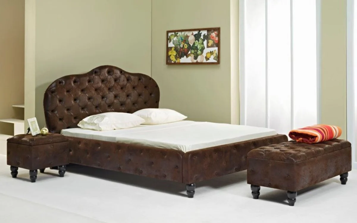Chesterfield Doppelbett Dunkelbraun / Schwarz - Verschiedene Größen - Elegantes Massivholz Bett mit Kopfteil - Chesterfield Schlafzimmer Möbel