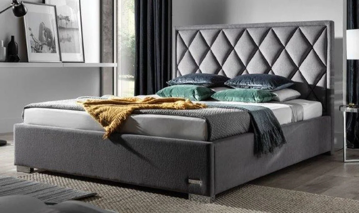Luxus Doppelbett Grau / Silber - Verschiedene Größen - Modernes Massivholz Bett mit Kopfteil - Schlafzimmer Möbel - Luxus Kollektion