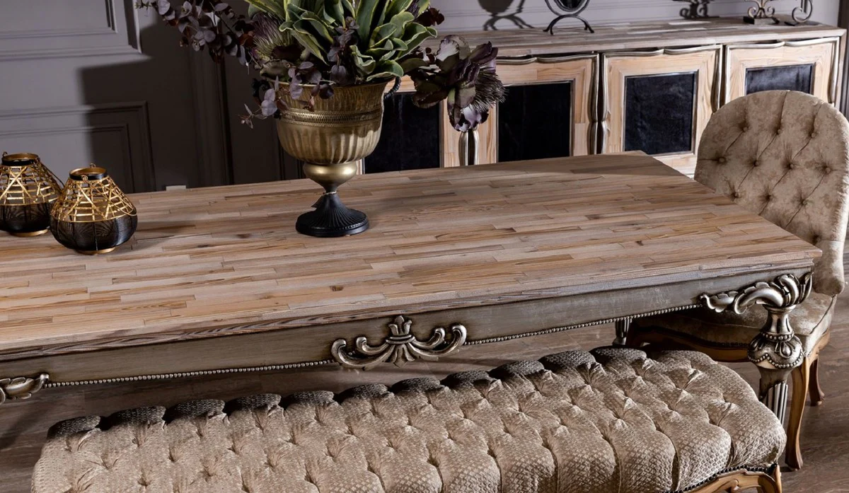 Luxus Barock Esstisch Naturfarben / Silber - Prunkvoller Massivholz Esszimmertisch im Barockstil - Barock Esszimmer Möbel