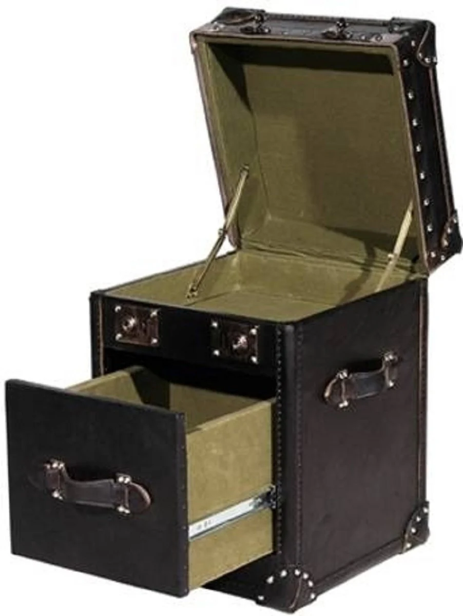 Luxus Rindsleder Beistelltisch mit Deckel und Schublade Schwarz 47 x 45 x H. 57 cm - Handgefertigter Lampentisch im Kofferlook