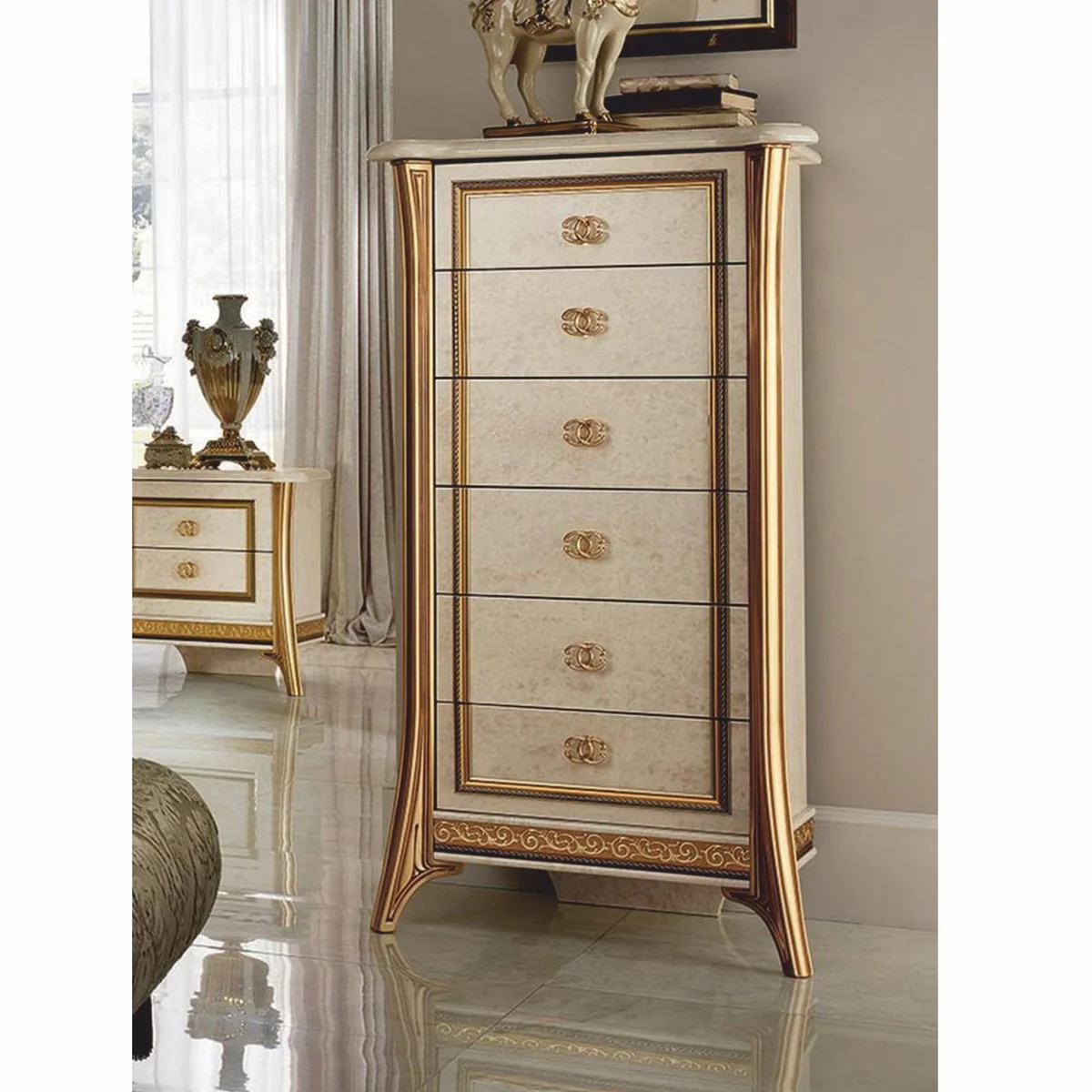 Luxus Barock Kommode mit 6 Schubladen Creme / Gold H. 136 cm - Made in Italy