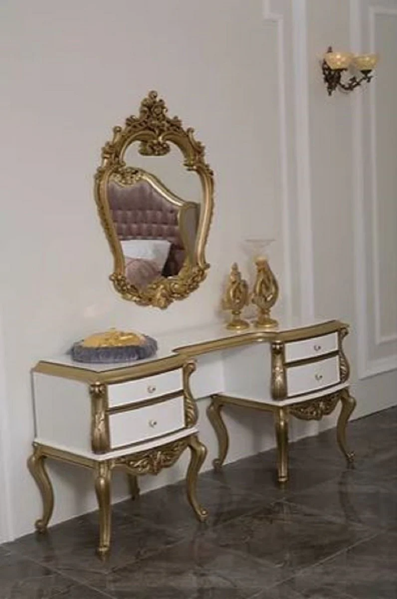 Luxus Barock Schlafzimmer Kommode mit elegantem Wandspiegel Weiß / Gold - Massivholz Schrank mit Spiegel - Schlafzimmer Möbel im Barockstil - Edel & Prunkvoll