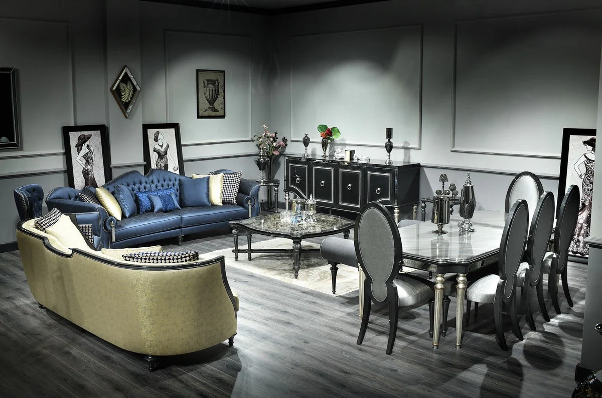 Luxus Barock Wohnzimmer Sofa Blau / Silber / Schwarz 300 x 94 x H. 88 cm - Edel & Prunkvoll