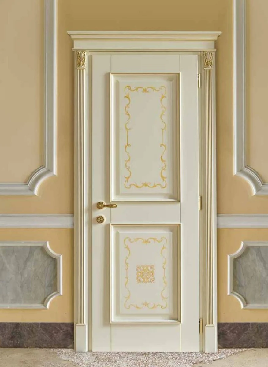 Luxus Barock Wohnungstür Creme / Gold - Prunkvolle Massivholz Tür mit Rahmen - Luxus Möbel im Barockstil - Hotel Möbel - Barock Möbel - Luxus Qualität - Made in Italy