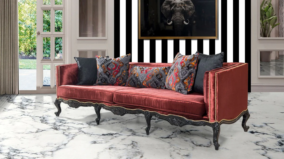 Luxus Barock Sofa Bordeauxrot / Schwarz / Gold - Prunkvolles Wohnzimmer Sofa im Barockstil - Barock Wohnzimmer Möbel