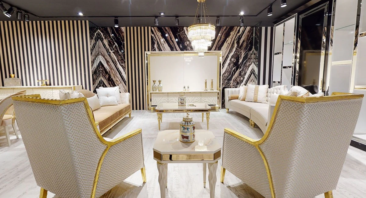 Luxus Barock Sofa Weiß / Gold - Gebogenes Wohnzimmer Sofa - Hotel Sofa - Luxus Barock Wohnzimmer & Hotel Möbel